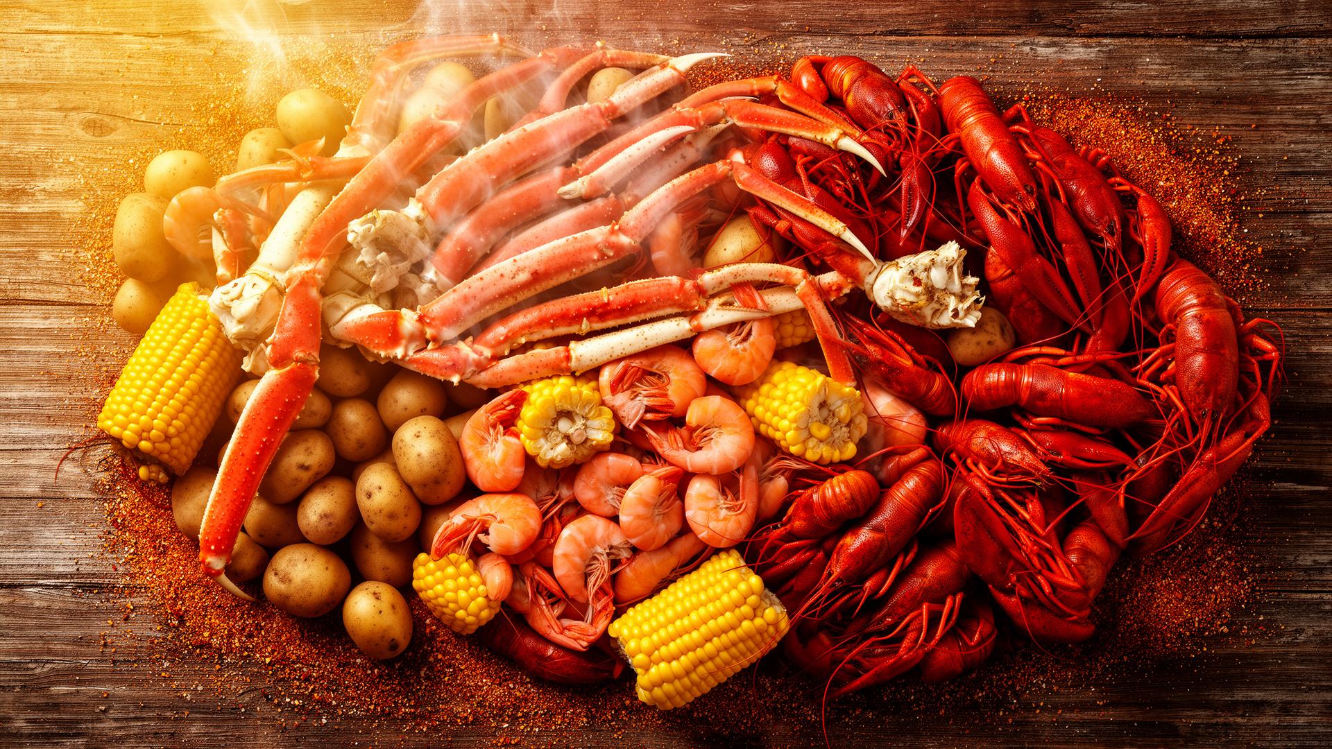 Louisiana seafood boil spread with crab legs, shrimp, crawfish, corn and potatoes